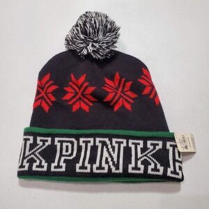 PINK Victoria's Secret Women Beanie One Size Black Fair Isle Logo Pom Pom NWT